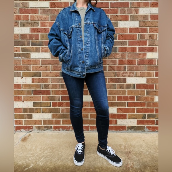 Vintage 90s Levi’s denim jacket Buffalo plaid lining and Harley Davidson… - Picture 2 of 11